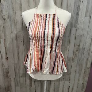 New! Francesca’s Stripe Smocked Peplum Halter Backless Top Womens Size Large